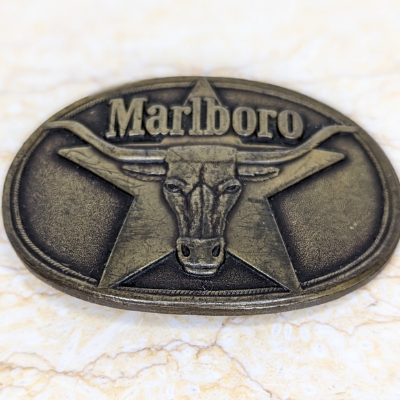 Vintage Other - Vintage Marlboro Western Rugged Distressed Solid Brass Cowboy Belt Buckle